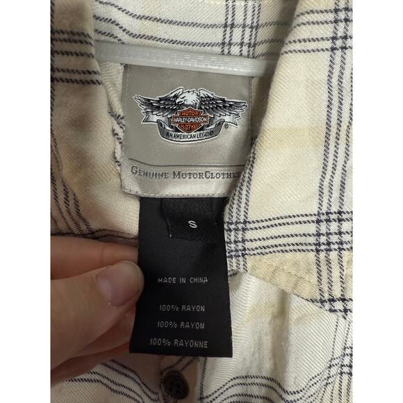 Harley Davidson cream and‎ black plaid back spell out sleeve cut off top - Picture 2 of 6